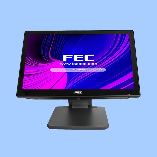 FEC POS Terminal Monitor mit violett-blauem Bildschirm auf hellblauem Hintergrund