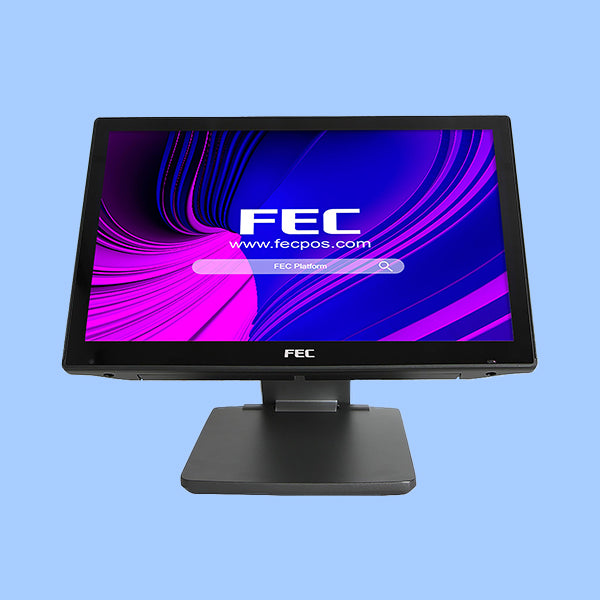 FEC POS Terminal Monitor mit violett-blauem Bildschirm auf hellblauem Hintergrund