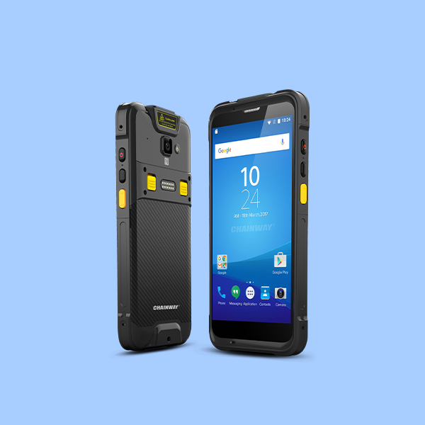 Chainway robustes Industrie-Smartphone mit Scanner, Vorder- und Rückansicht, blaue Fläche