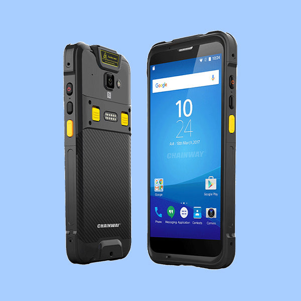 Chainway robustes Industrie-Smartphone mit Scanner, Vorder- und Rückansicht, blaue Fläche