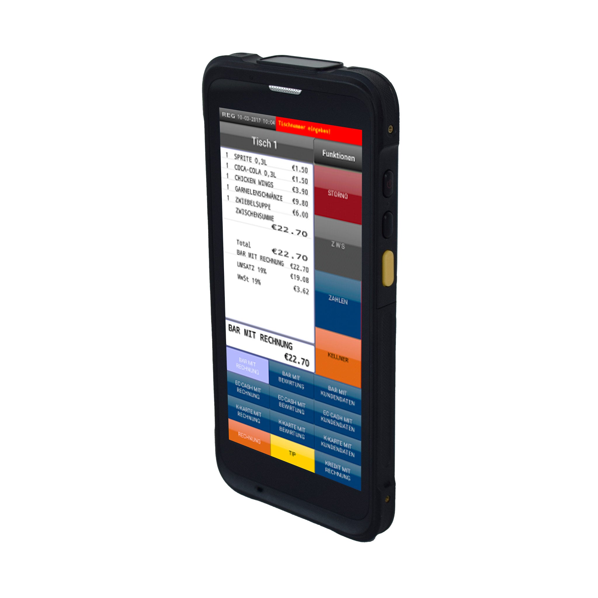Mobiles Kassensystem Gerät mit Touchscreen und Bestellübersicht für Gastronomie