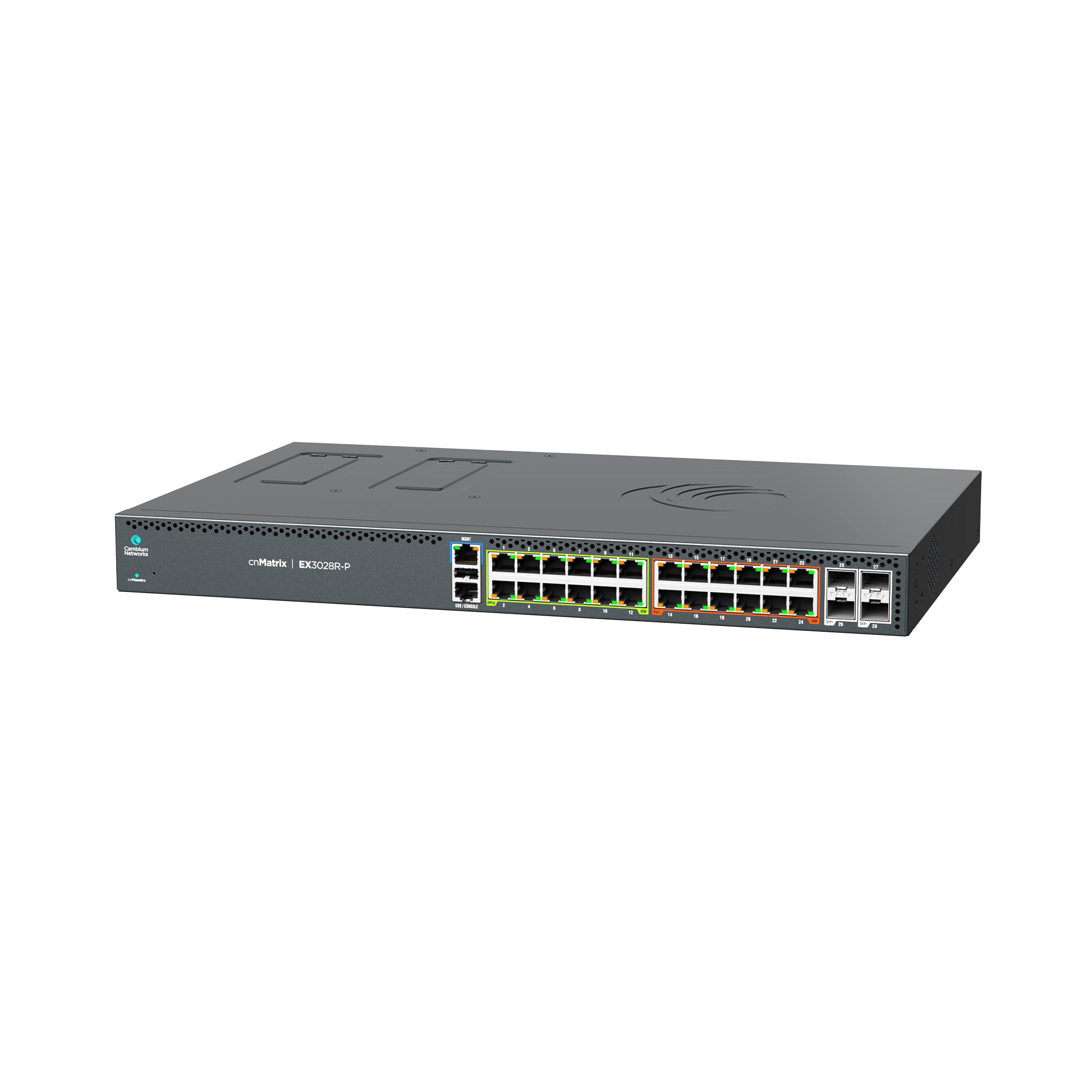 Cambium Networks cnMatrix EX3028R-P, Intelligent Ethernet Switch, 24 1G (12 PoE+ ports and 12 4PPoE ports(60W)) and 4 SFP+ ports