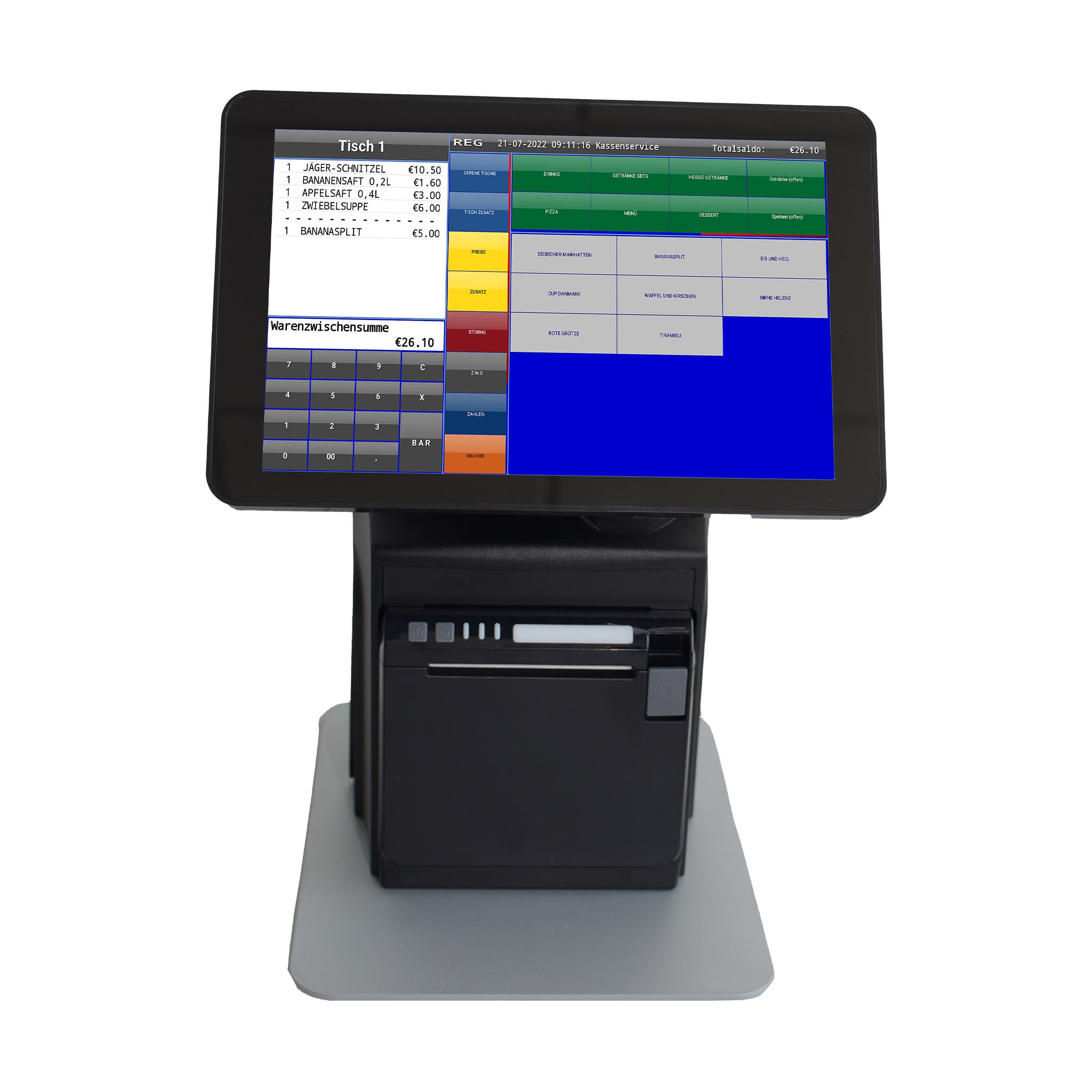 Moderne POS-Kasse mit Touchscreen und integrierter Bondrucker auf weißem Hintergrund