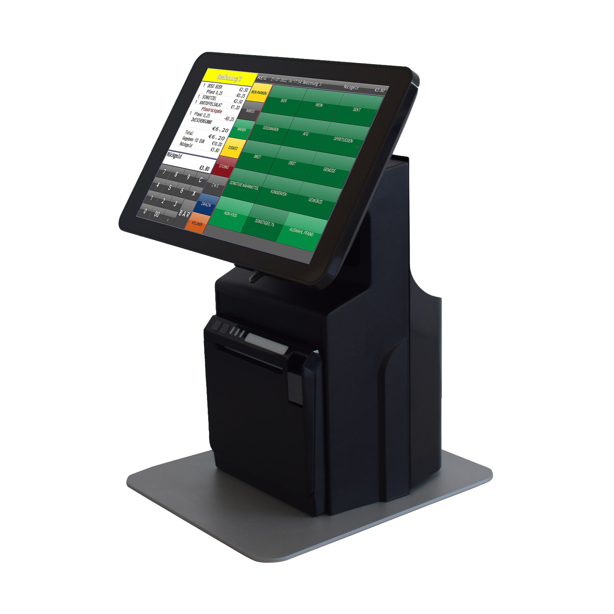 Modernes MiniPOS Kassensystem mit Touchscreen und Bon-Drucker auf weißem Hintergrund