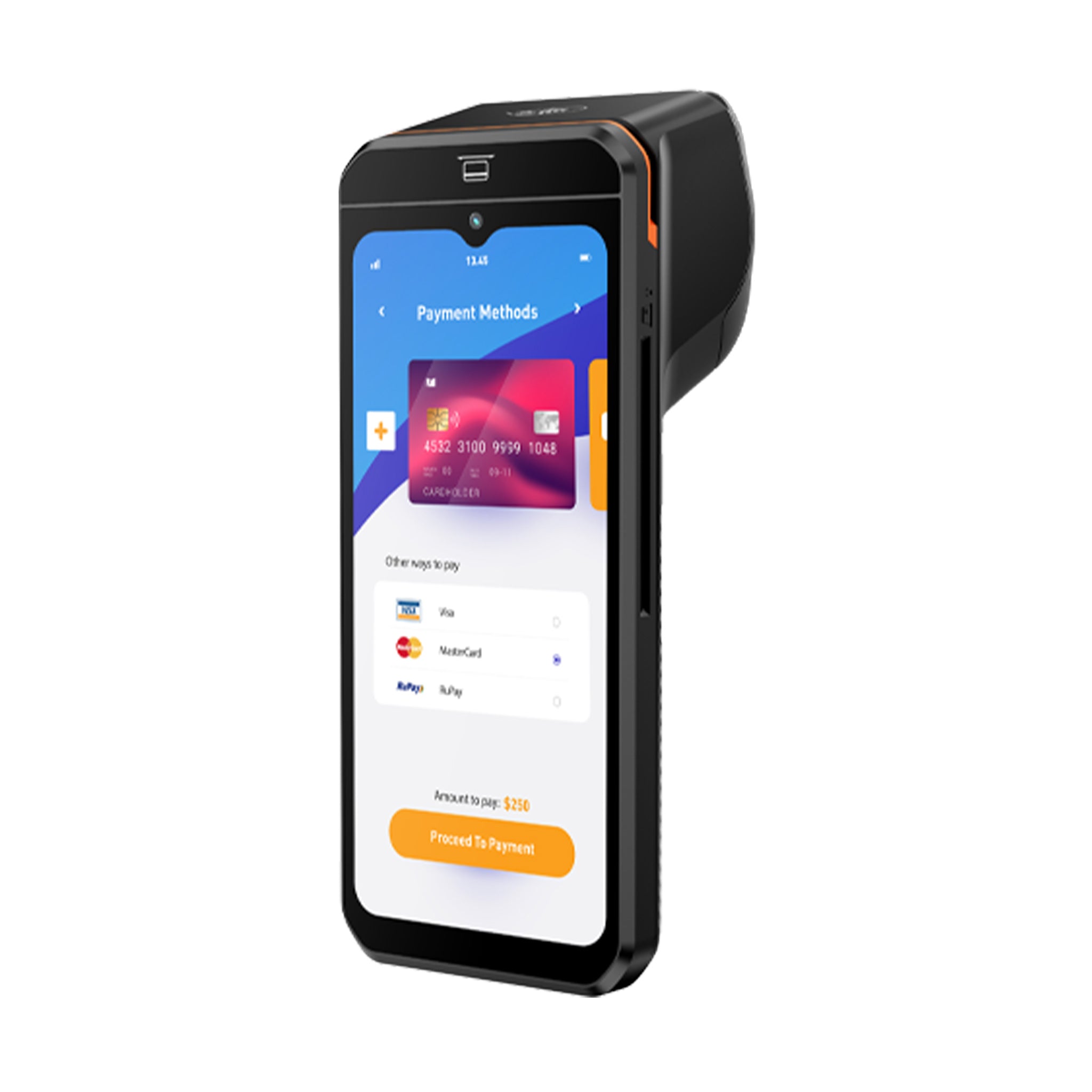 diagonale Ansicht hochkant des OP Mobiles mit Danke Screen