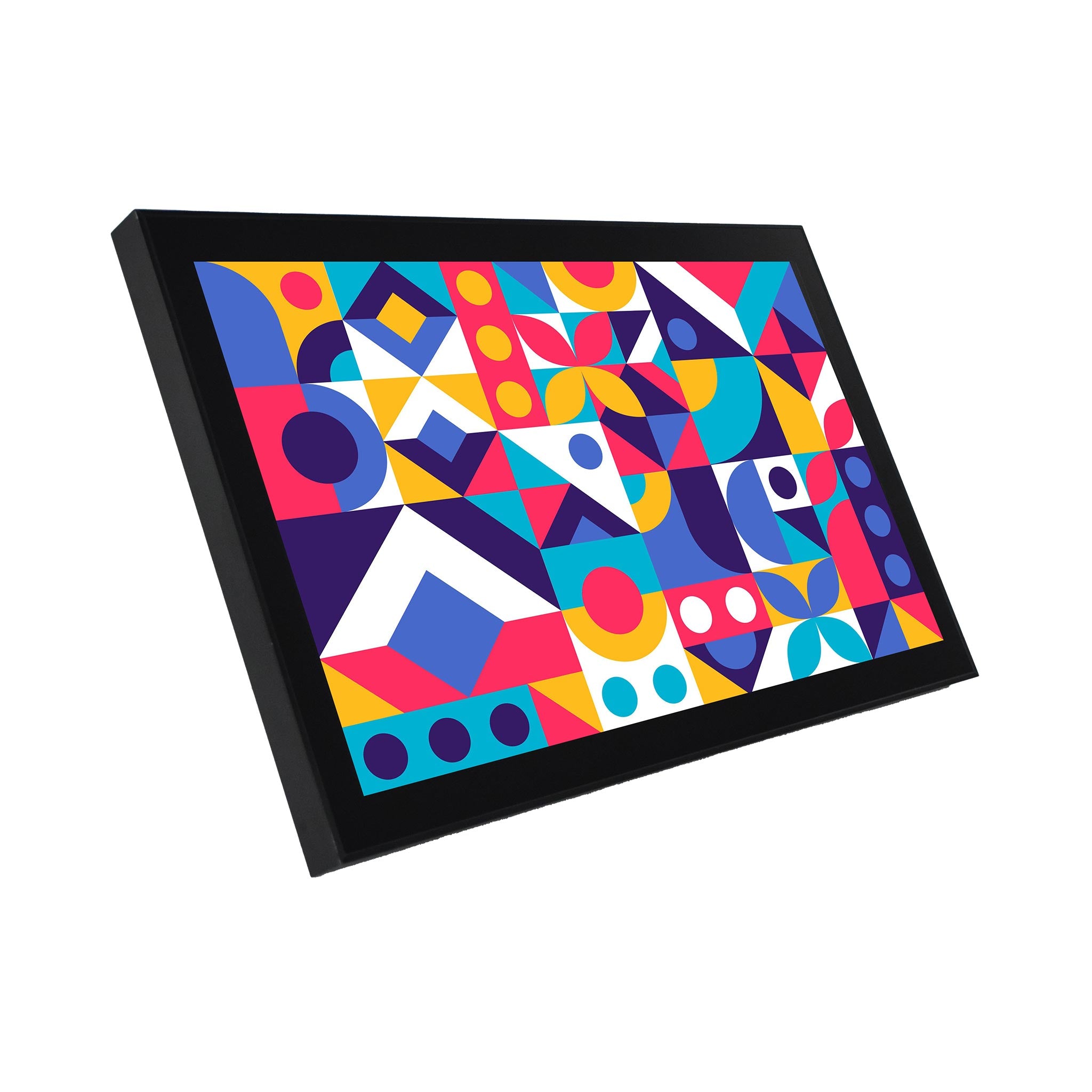 Farbiges abstraktes Wandbild mit geometrischen Mustern im schwarzen Rahmen auf weißem Hintergrund