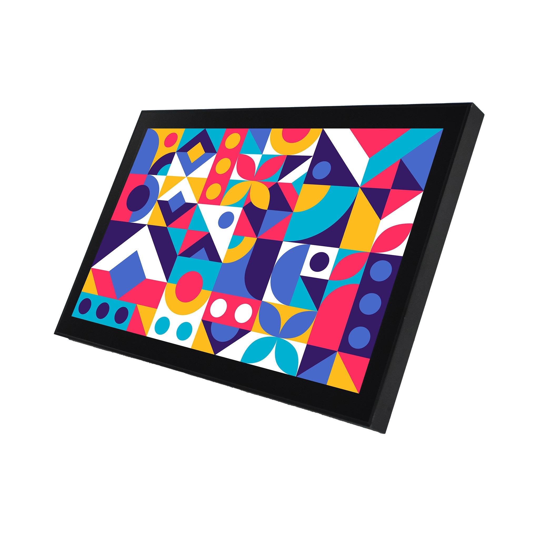 Bunter geometrischer Kunstdruck im schwarzen Rahmen, abstrakte Wanddekoration