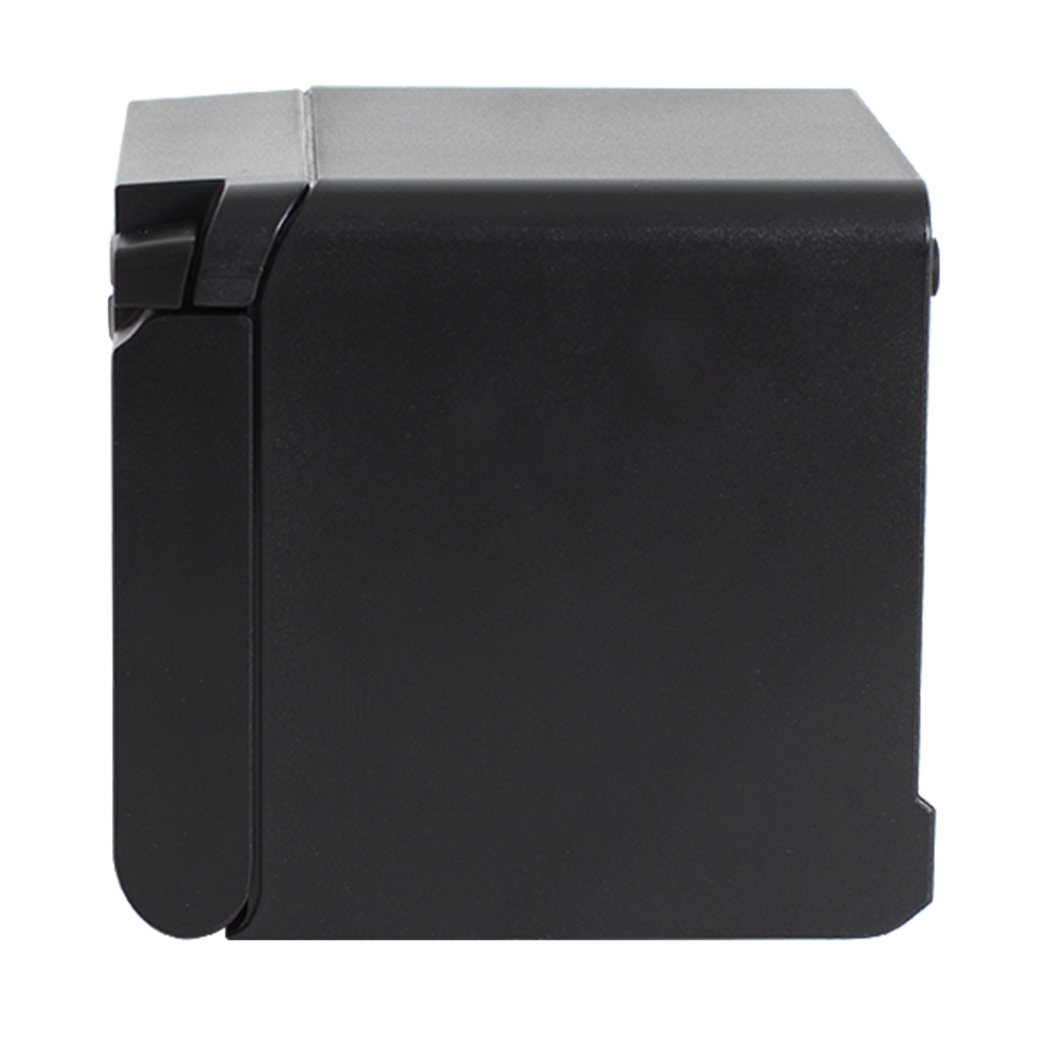 Schwarzer mobiler Thermodrucker mit eckigem Gehäuse auf weißem Hintergrund