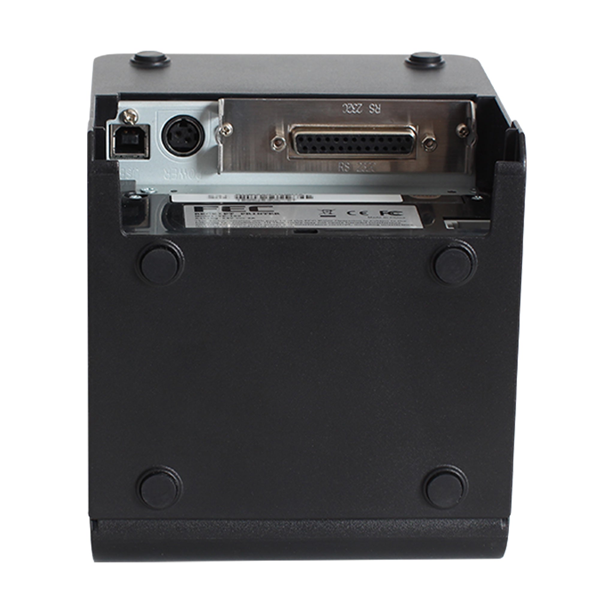 Rückseite eines schwarzen Thermodruckers mit USB-, seriellen und Netzanschlüssen