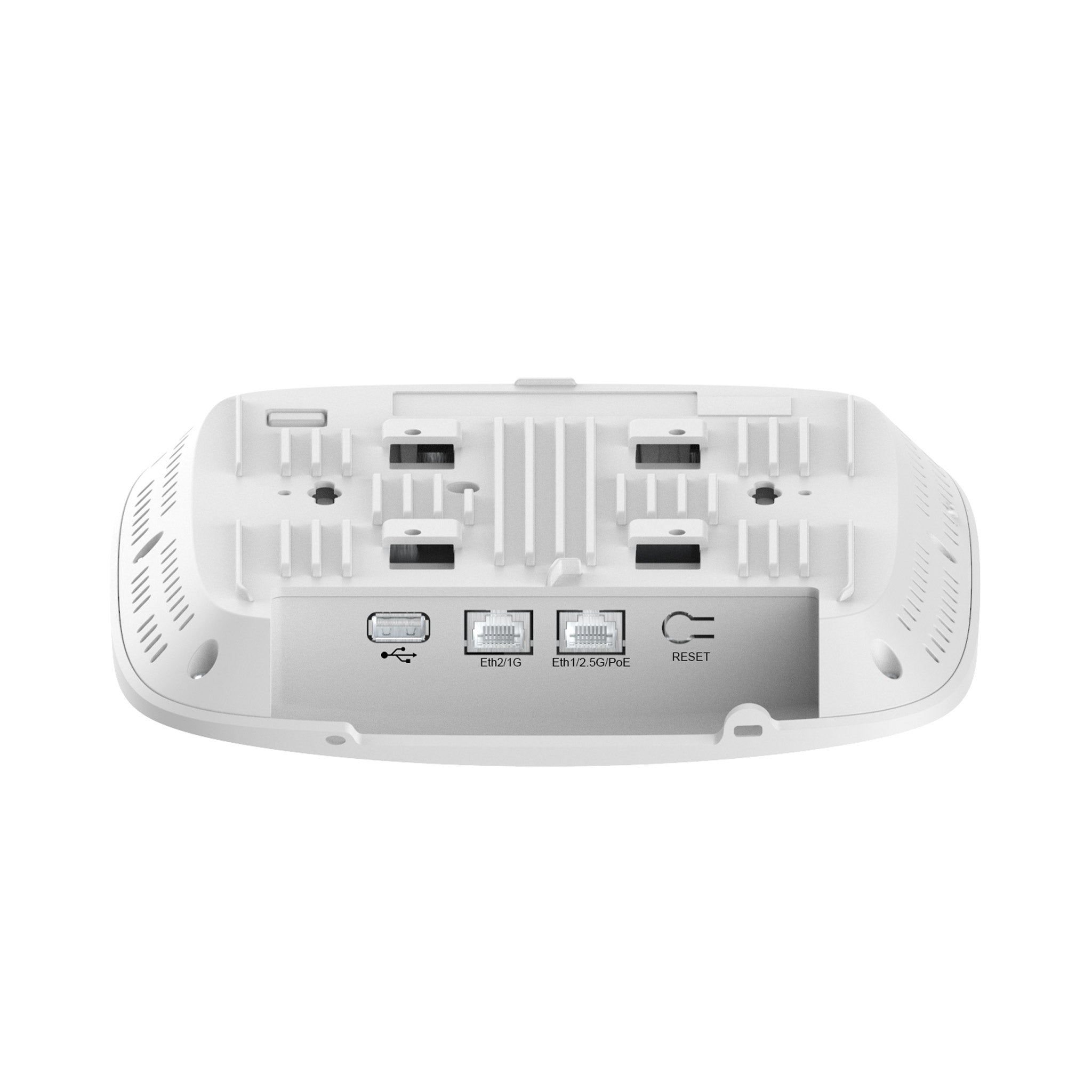 Bottom view of Cambium Networks XV2-2 Wifi 6 dualband access point showing ports and reset button