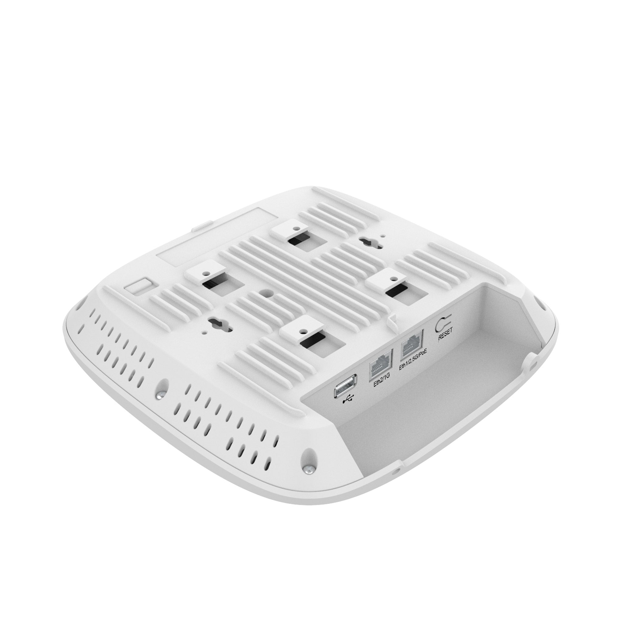 Bottom view of Cambium Networks XV2-2 Indoor Wifi 6 Dualband 2x2 Access Point showing ports and mounting slots