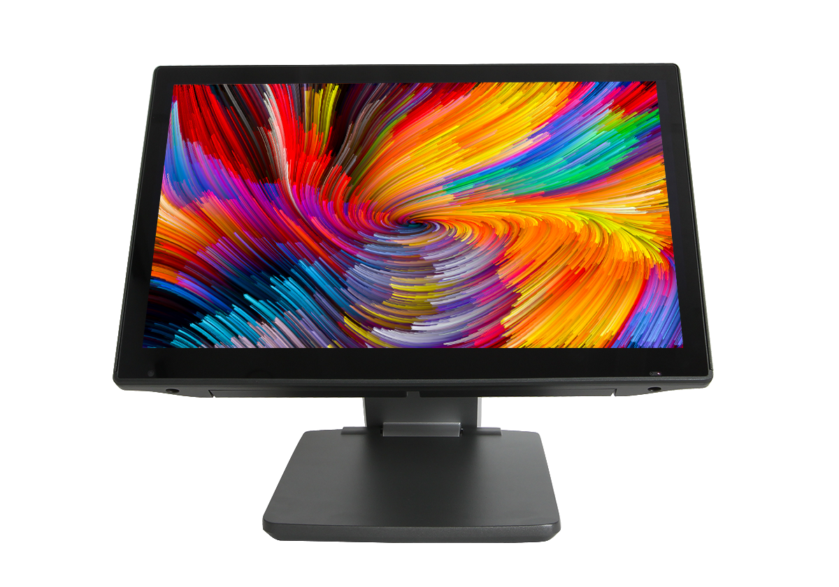 Flacher Touchscreen-Monitor mit buntem, abstraktem Grafikdisplay auf schwarzem Ständer