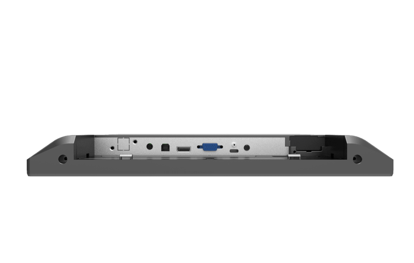 Rückseite eines industriellen Panel-PCs mit USB, VGA, HDMI und Audio-Anschlüssen
