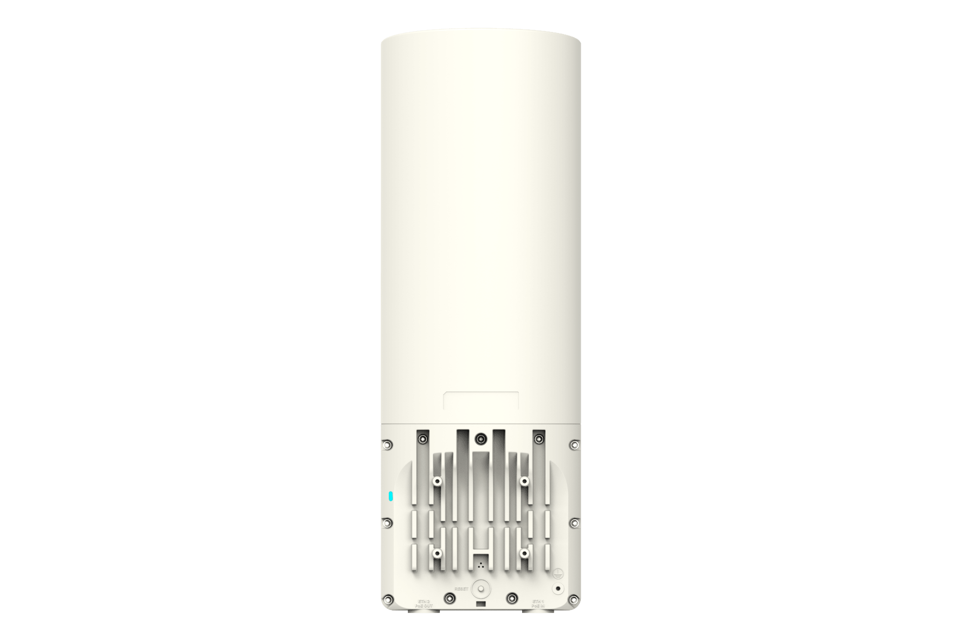 Rückseite eines weißen, zylindrischen WLAN-Outdoor-Routers mit Metallanschlüssen und Schrauben.