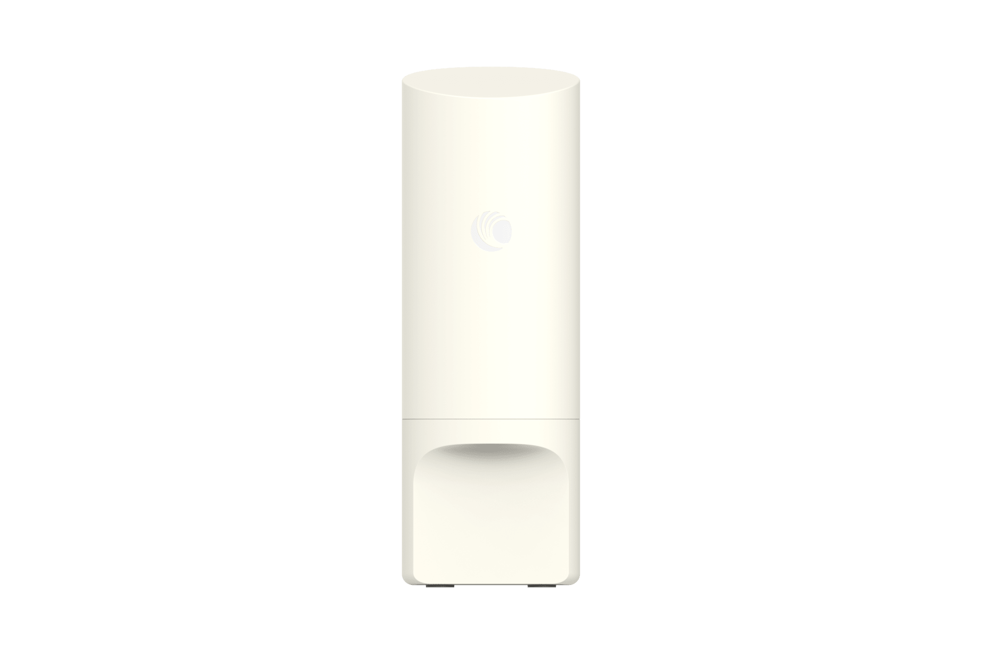 Weißer, zylindrischer WLAN-Router mit minimalistischer Frontansicht auf weißem Hintergrund