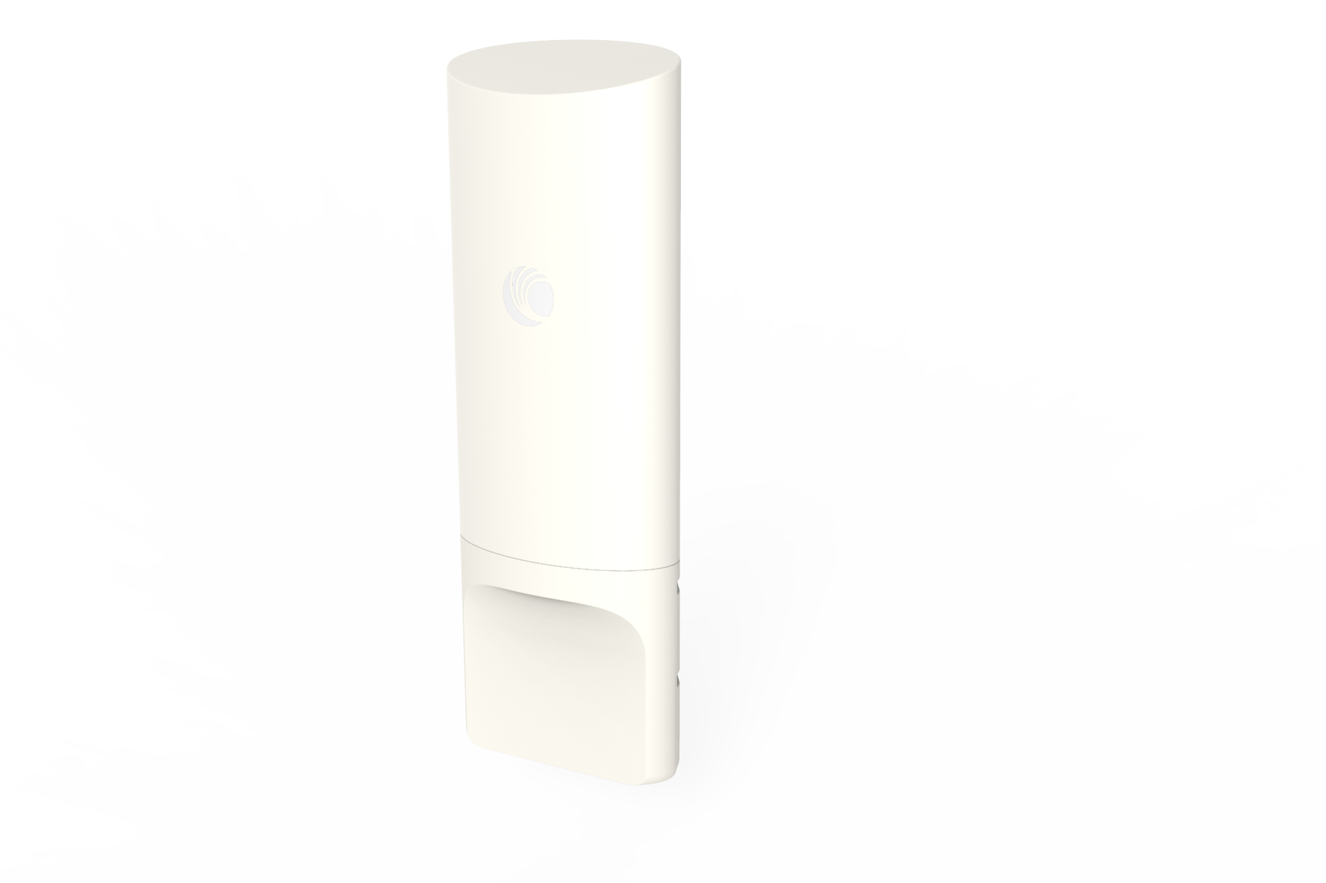 Moderne weiße Outdoor-WLAN-Antenne mit abgerundetem Design auf weißem Hintergrund