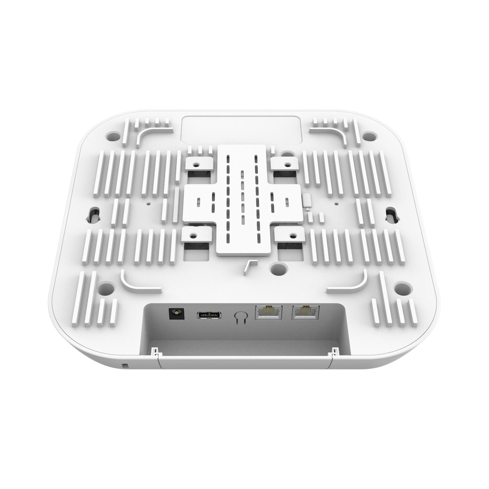 Bottom view of Cambium Networks XV3-8 indoor Wifi 6 tri-band 8x8 access point showing ports and mounting area