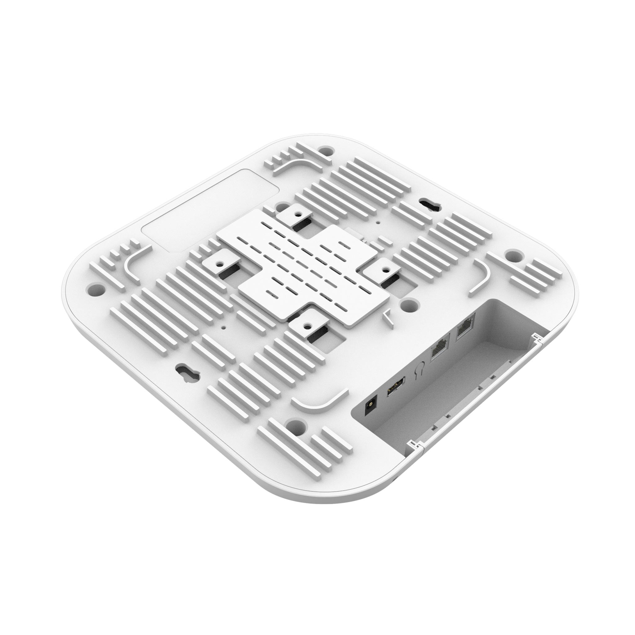 Top view of Cambium Networks XV3-8 Indoor Wifi 6 Tri-Band 8x8 Access Point showing vents and ports on a white background