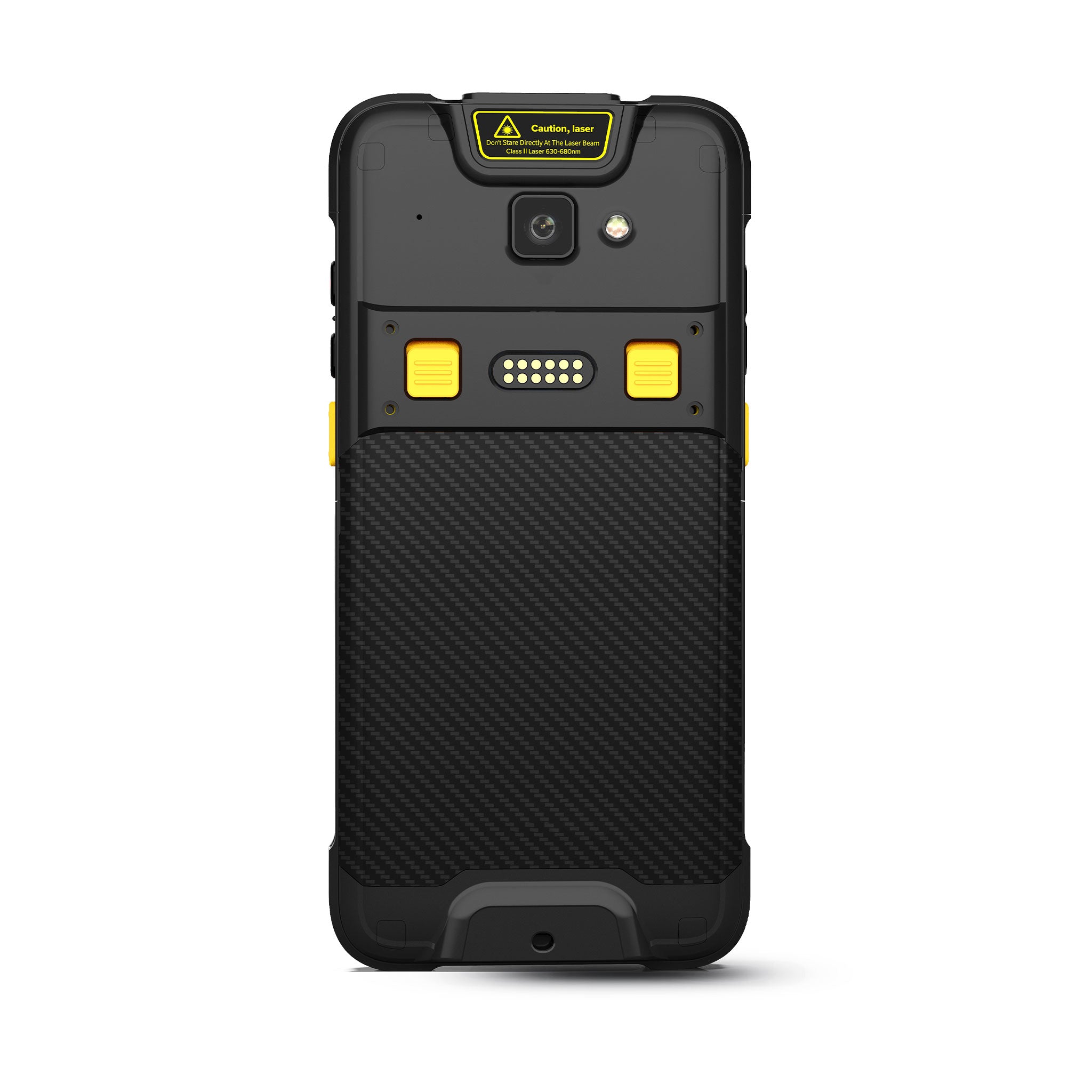 Robustes Outdoor-Smartphone mit gelben Details, Laserwarnung und Kohlefaser-Rückseite