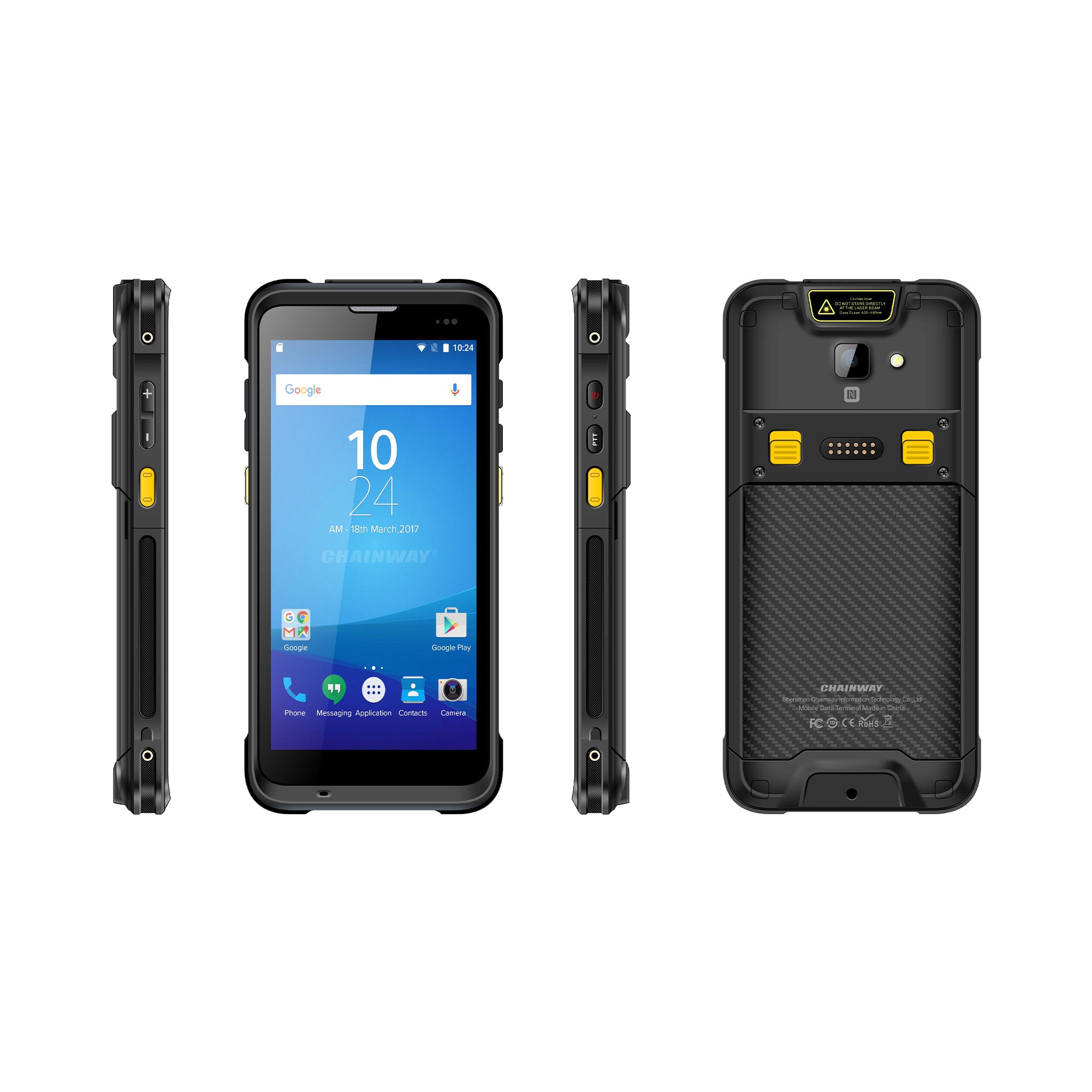 Robustes Android-Handheld Chainway C66 in Schwarz, Vorder-, Seiten- und Rückansicht, Outdoor-Scanner