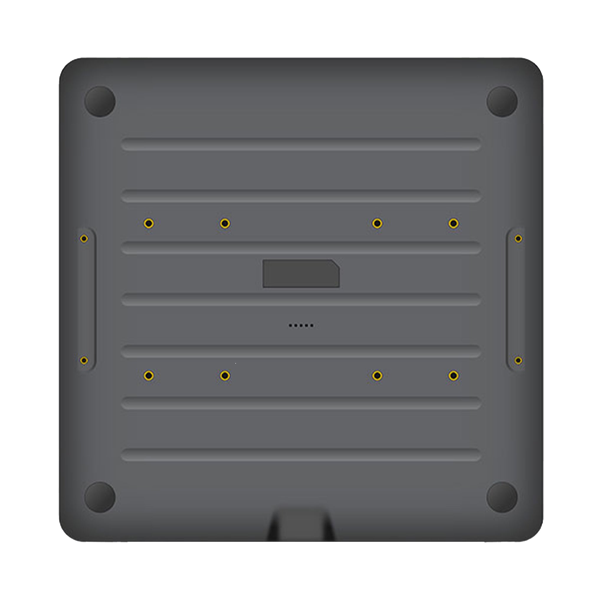 Rückseite eines grauen Chainway R3 RFID-Lesegeräts mit Schraubpunkten und geriffelter Oberfläche