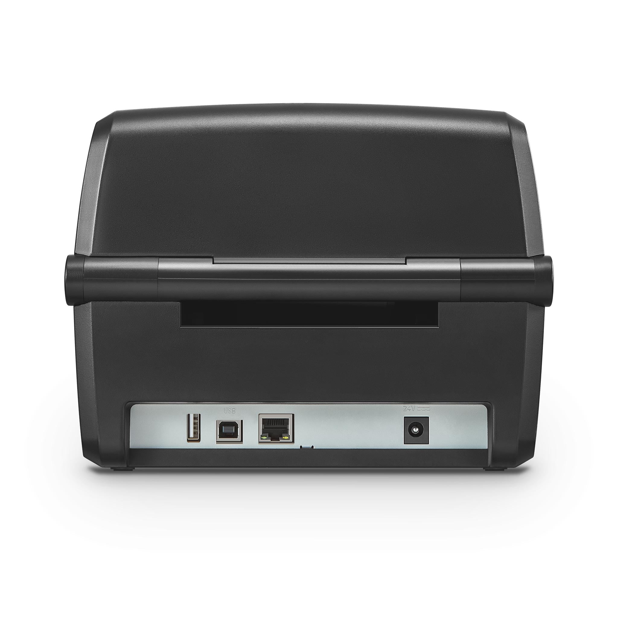 Rückansicht eines schwarzen Etikettendruckers mit USB-, LAN- und Stromanschlüssen