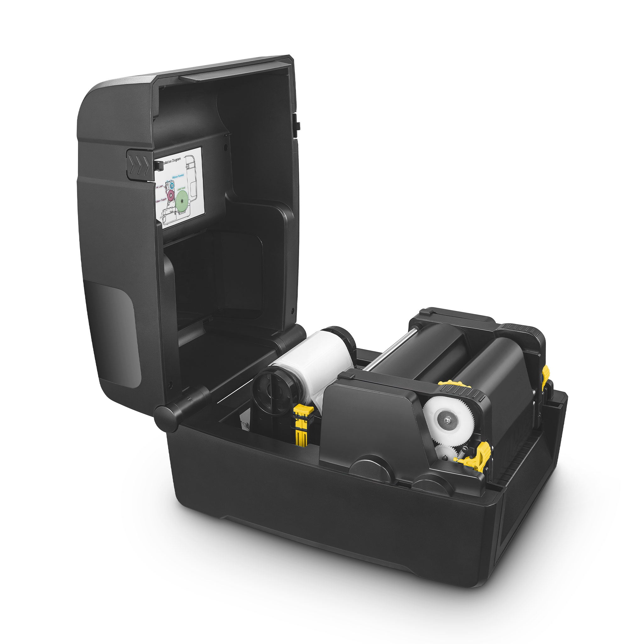 Offener Etikettendrucker mit eingelegter Farbband- und Papierrolle auf weißem Hintergrund