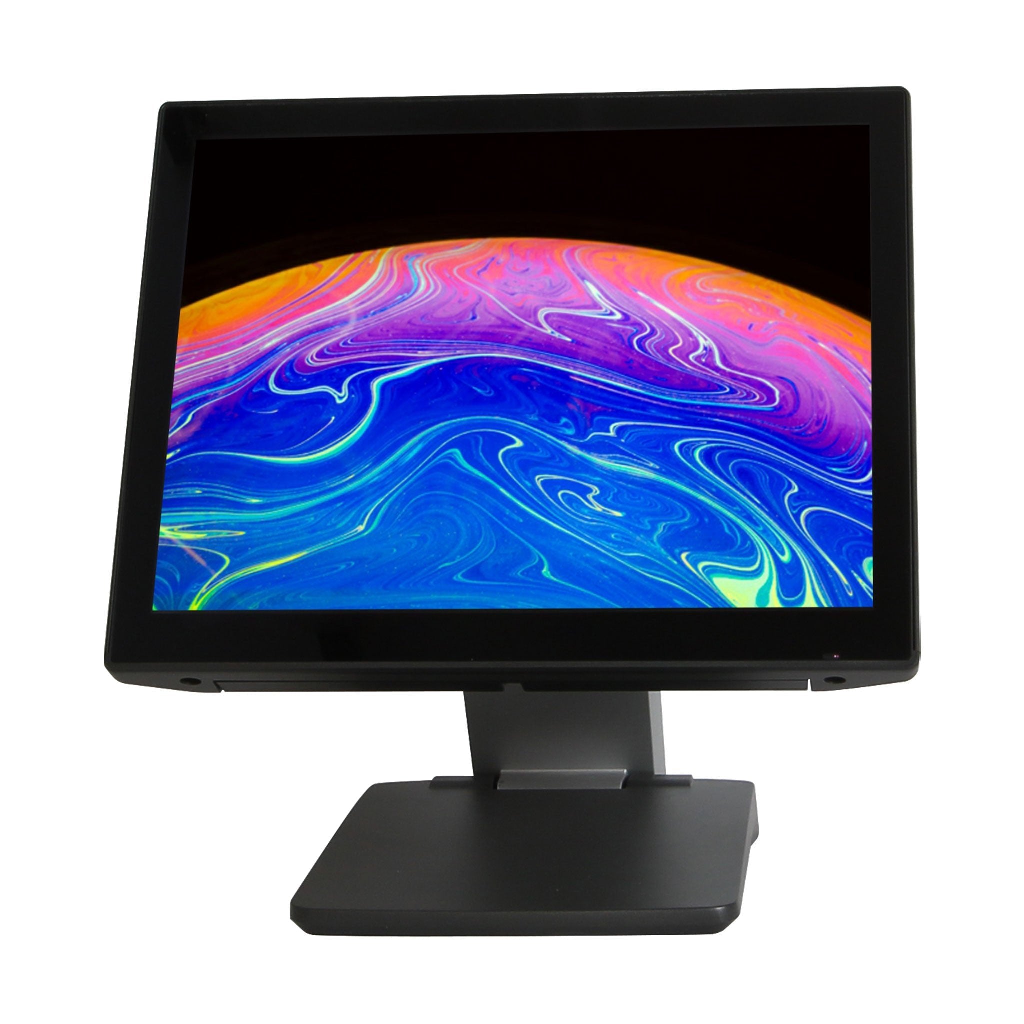 Schwarzer Touchscreen-Monitor mit buntem, abstraktem Display auf weißem Hintergrund