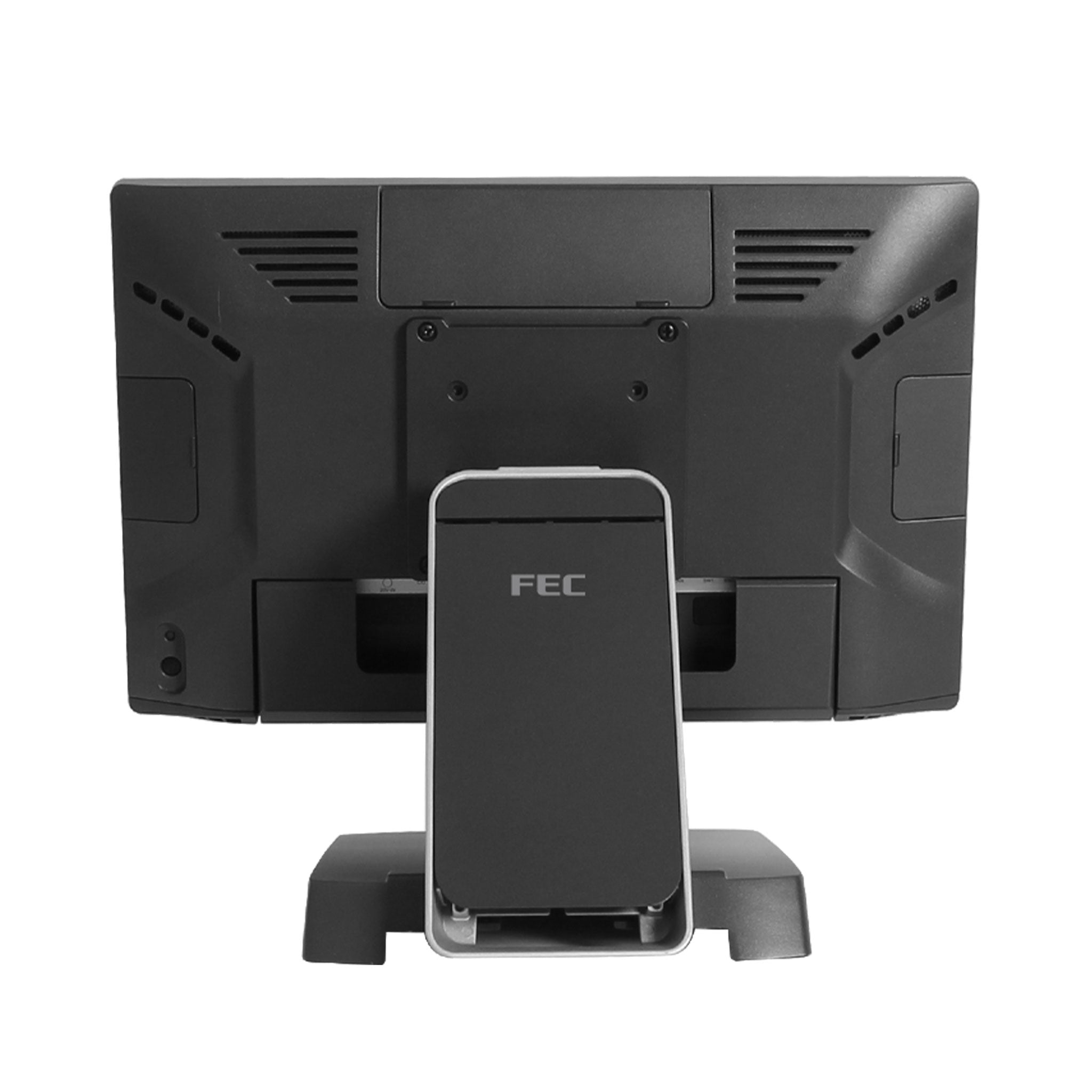 Rückansicht eines FEC Touchscreen-POS-Terminals in Schwarz auf weißem Hintergrund