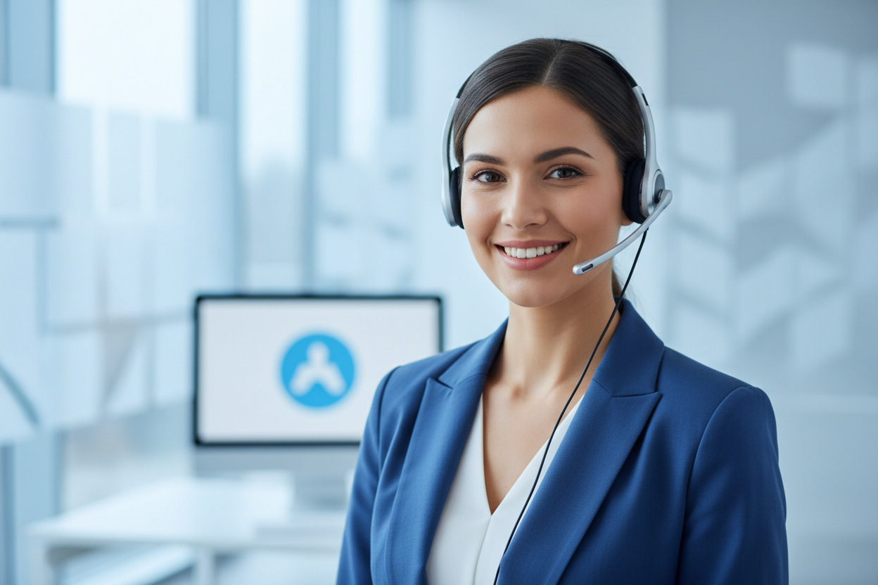 Frau mit einem blauen Sakko und einem Headset