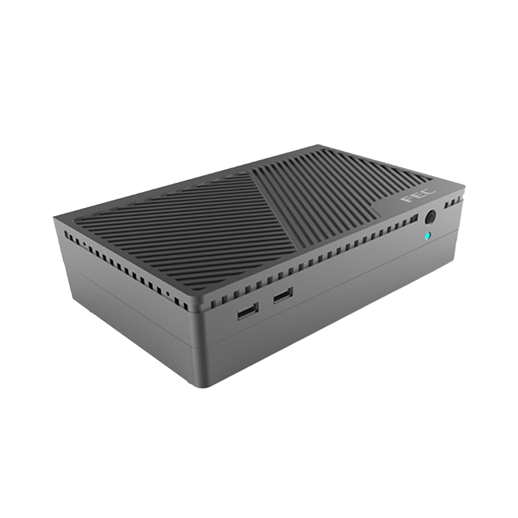 Schwarzer Mini-PC mit zwei USB-Anschlüssen und Belüftungsgitter, seitliche Ansicht
