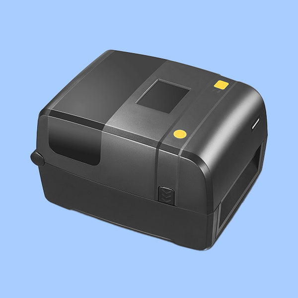 Schwarzer UHF Etikettendrucker auf blauem Hintergrund, kompakter RFID Printer