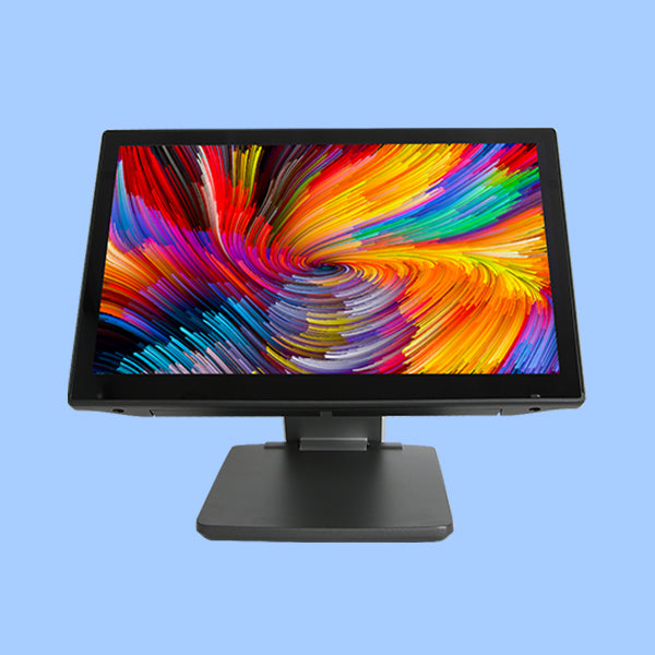 Schwarzer Touchscreen-Monitor mit buntem abstraktem Display auf blauem Hintergrund