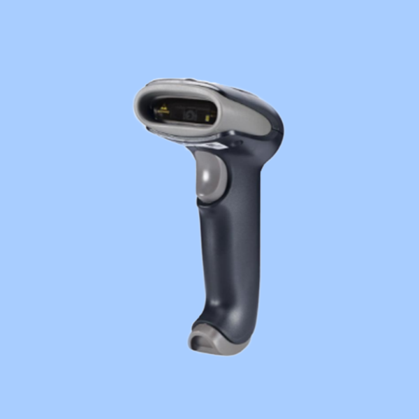 Handscanner Barcode Scanner schwarz-grau auf blauem Hintergrund