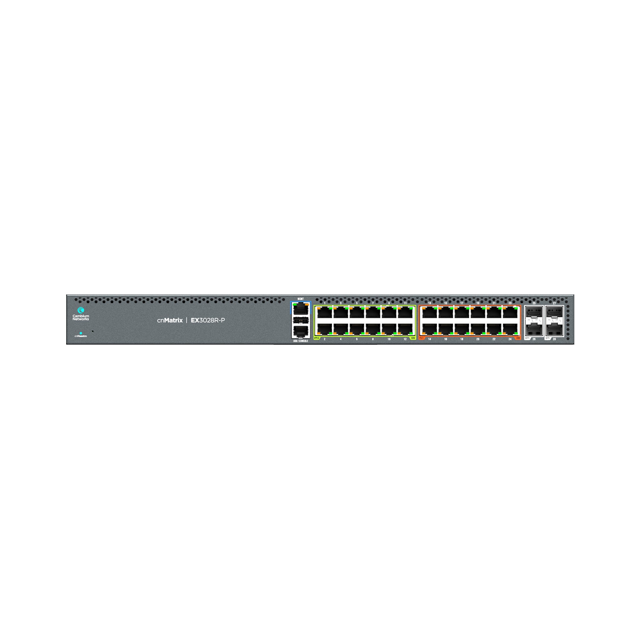 Cambium Networks cnMatrix EX3028R-P, Intelligent Ethernet Switch, 24 1G (12 PoE+ ports and 12 4PPoE ports(60W)) and 4 SFP+ ports