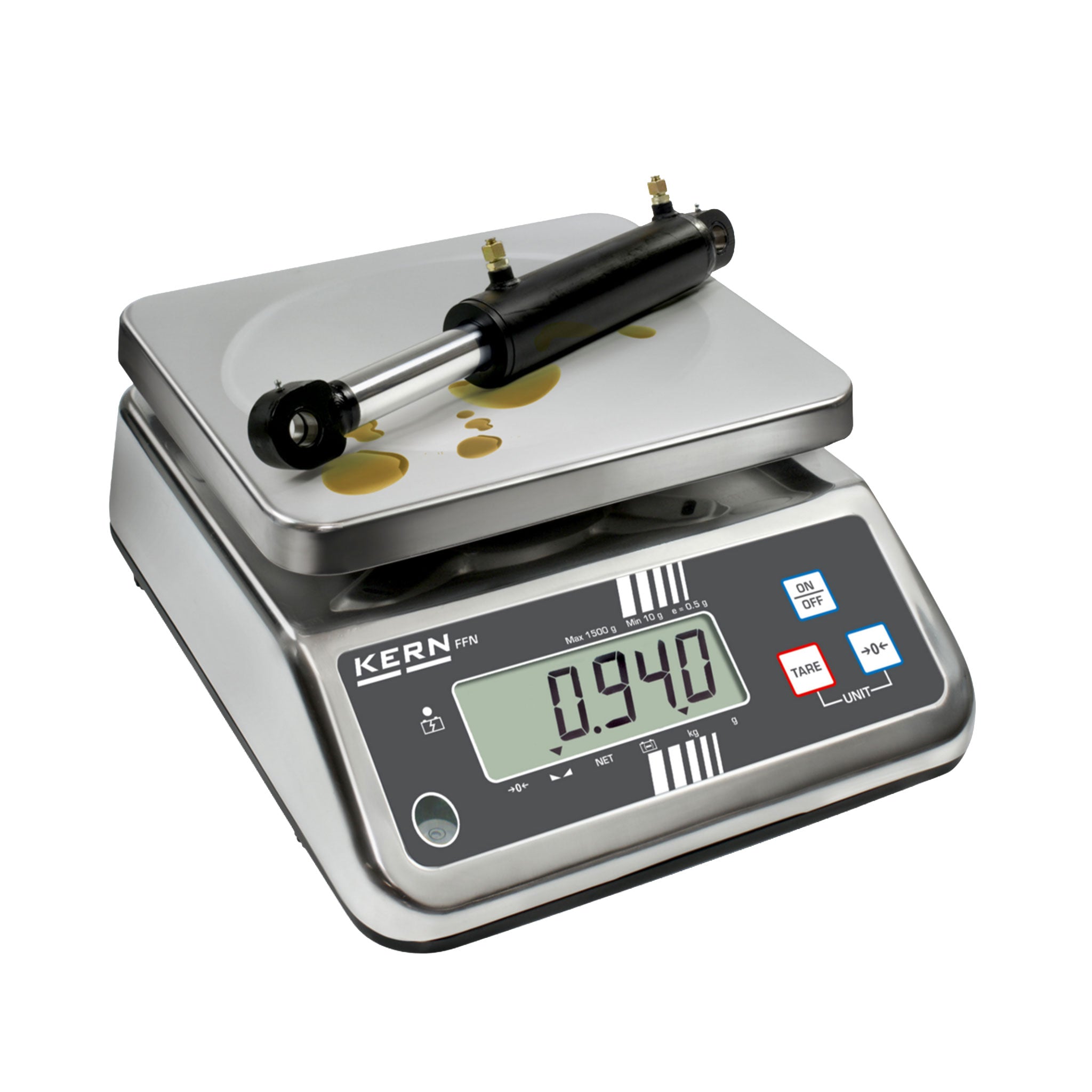 Frontale Ansicht der Kern Waage mit einem aufliegendem Industriegegenstand 