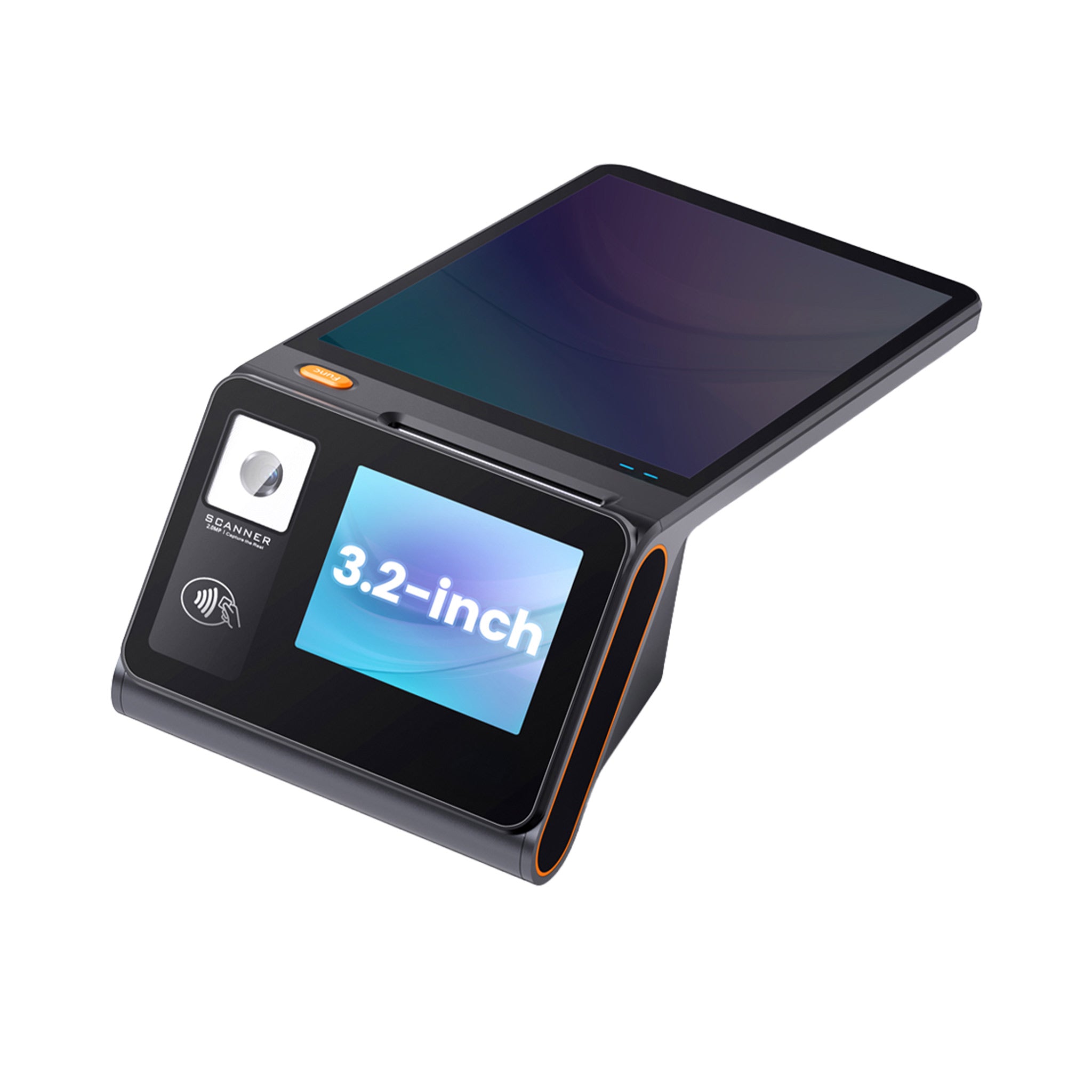 MiniPOS108 Kassengerät in schräger Ansicht mit beleuchtetem Display