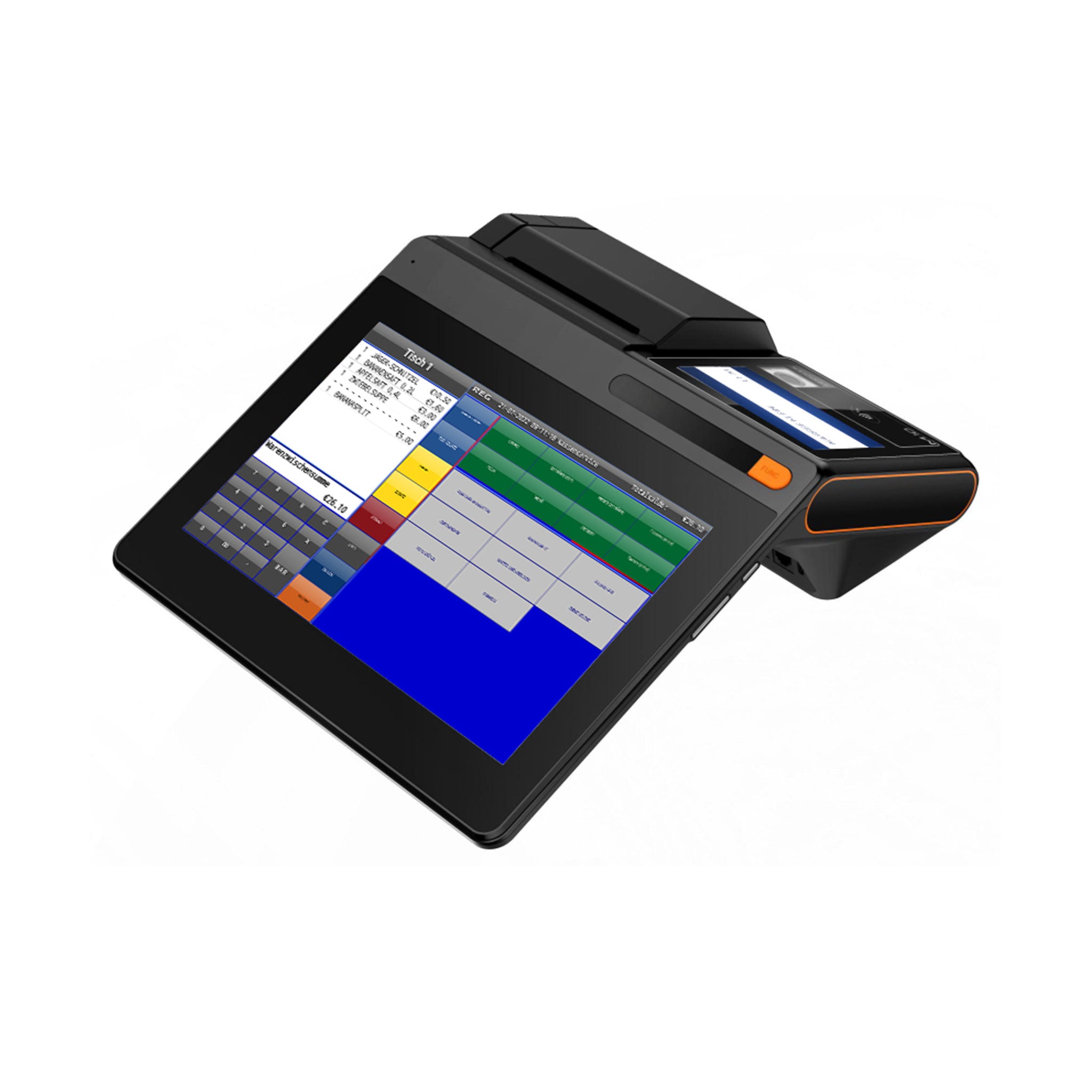 Kompaktes Mini-POS Kassensystem mit Touchscreen und integriertem Bondrucker auf weißem Hintergrund