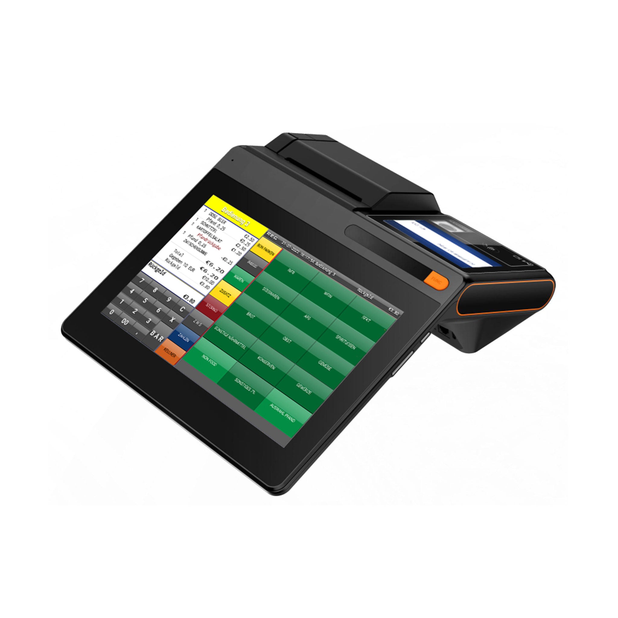 Modern POS Terminal mit Touchscreen, Kassen-App und Belegdrucker auf weißem Hintergrund