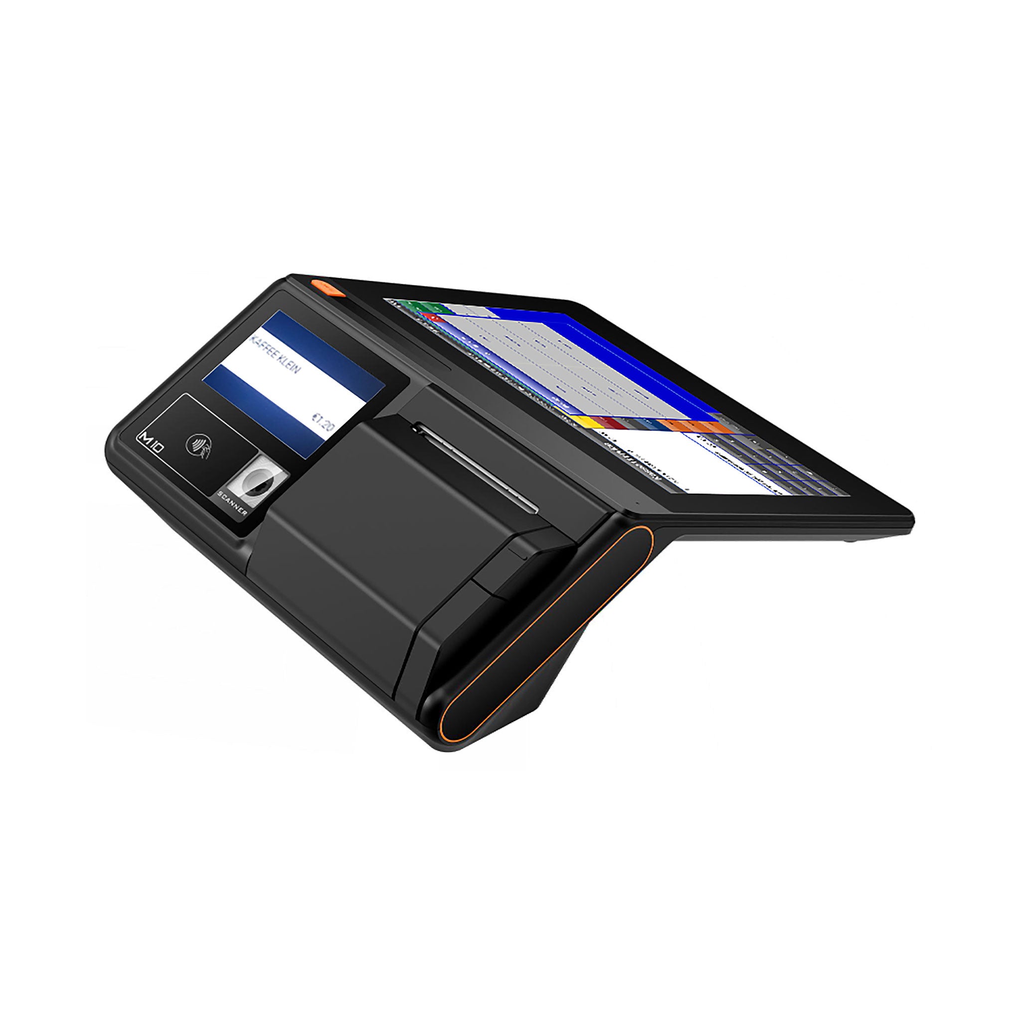 Modernes schwarzes POS-Kassensystem mit Touchscreen und Kartenterminal auf weißem Hintergrund