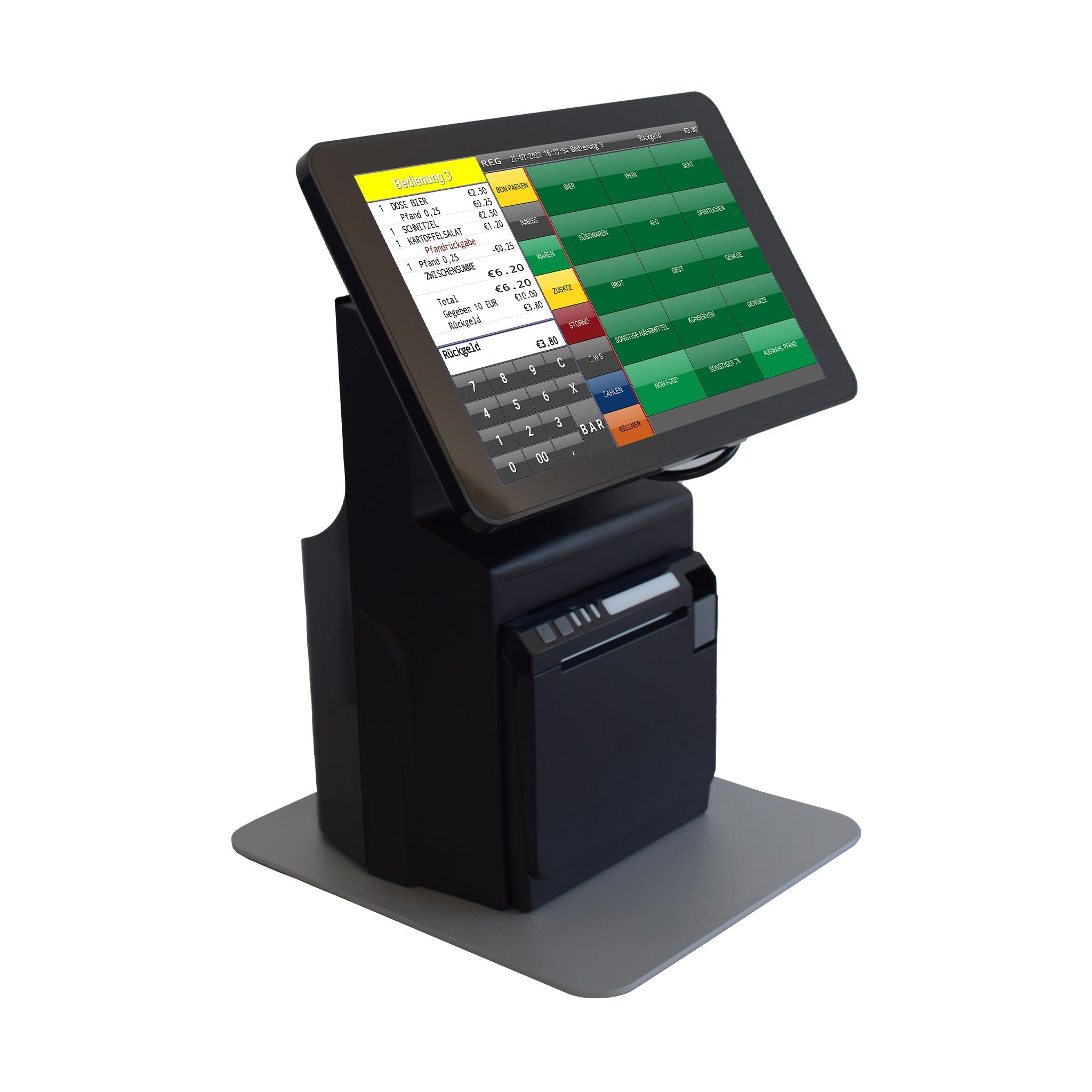 Kassensystem mit Touchscreen, Bondrucker und moderner POS-Software auf weißem Hintergrund