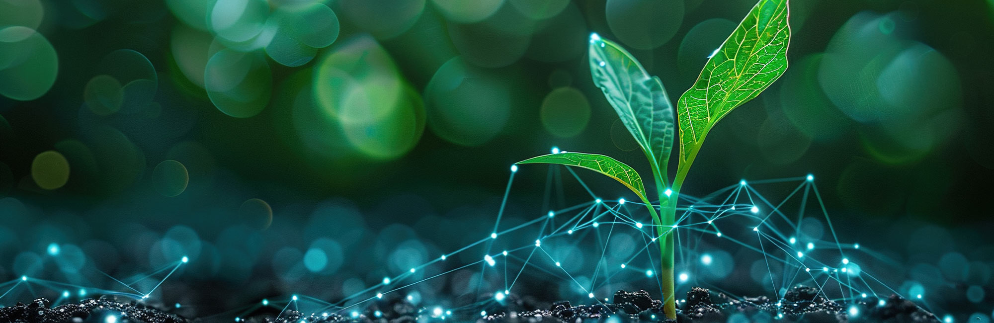 Eine heranwachsene Pflanze im Vordergrund mit Datenströmen.