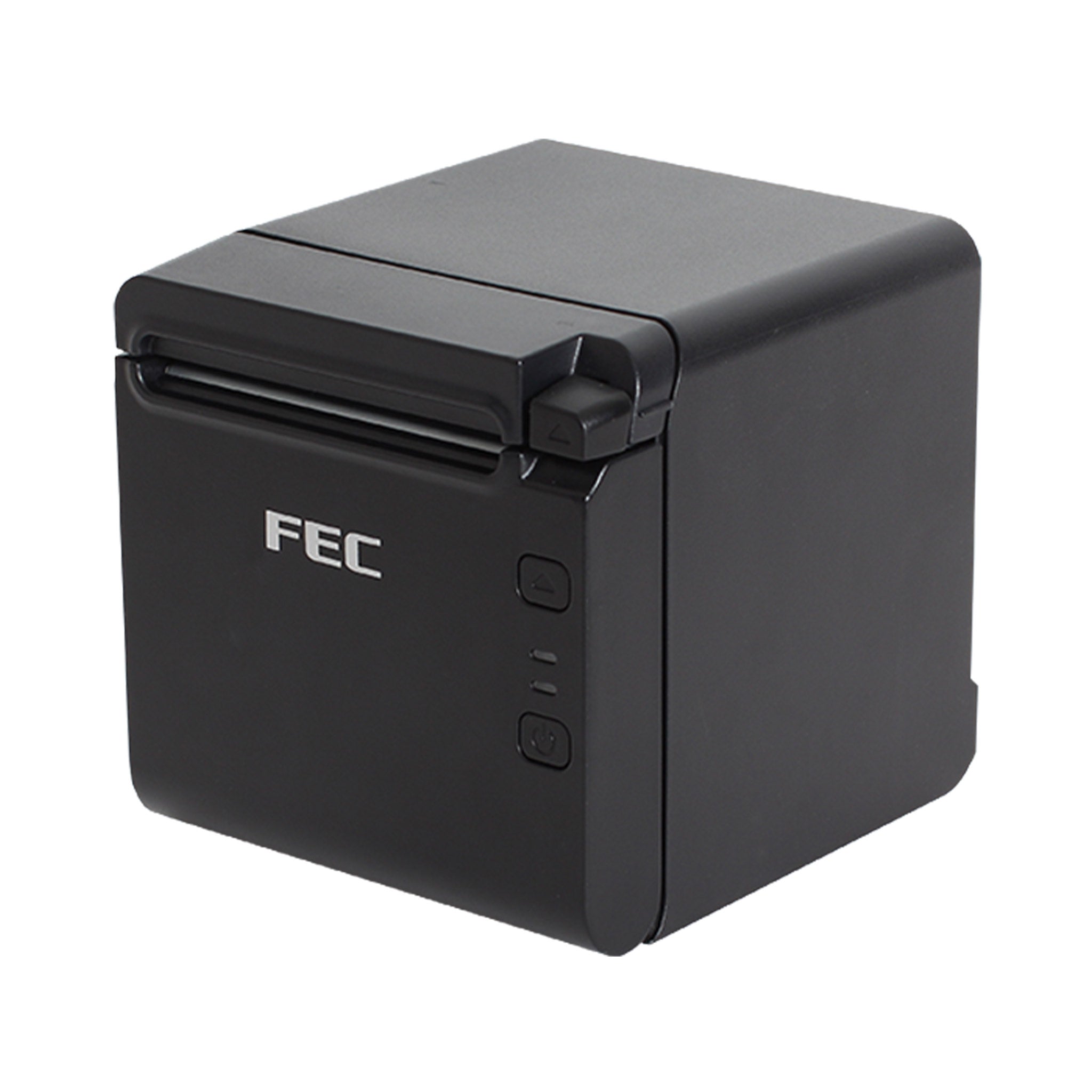 FEC kompakter Bondrucker schwarz, Thermodrucker für Kassensysteme, seitliche Ansicht