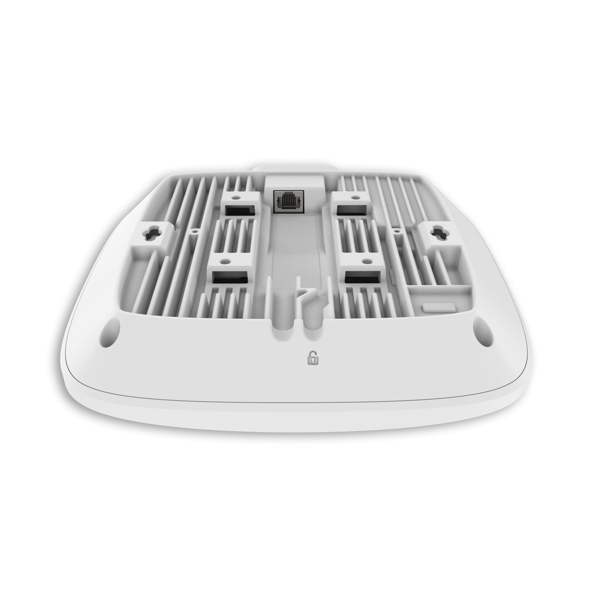 Unterseite eines weißen WLAN-Access Points mit Ethernet-Anschluss und Montageschlitzen