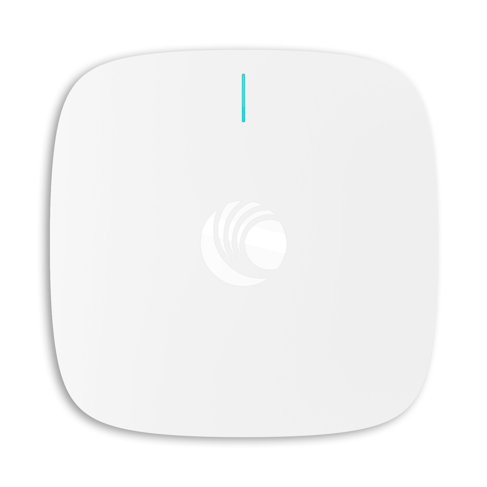 Weißer WLAN Access Point mit LED-Anzeige und modernem Design, Produktfoto auf weißem Hintergrund