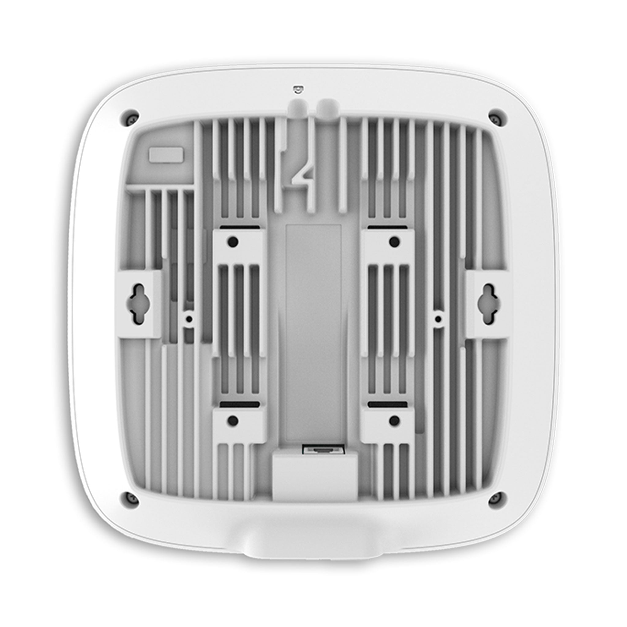 Rückseite eines weißen WLAN Access Points mit Befestigungsmöglichkeiten und Belüftungsschlitzen