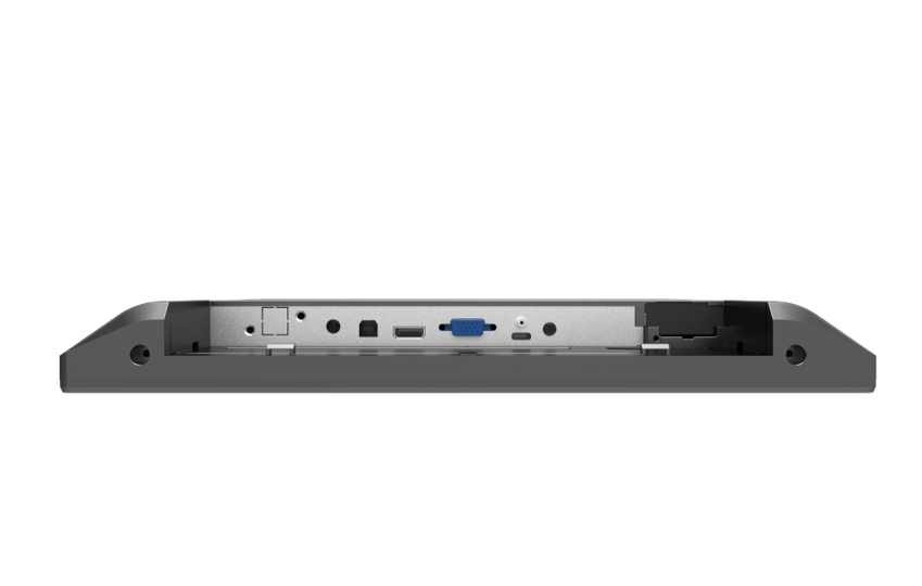 Rückseite eines industriellen Panel-PCs mit USB, VGA, HDMI und Audio-Anschlüssen
