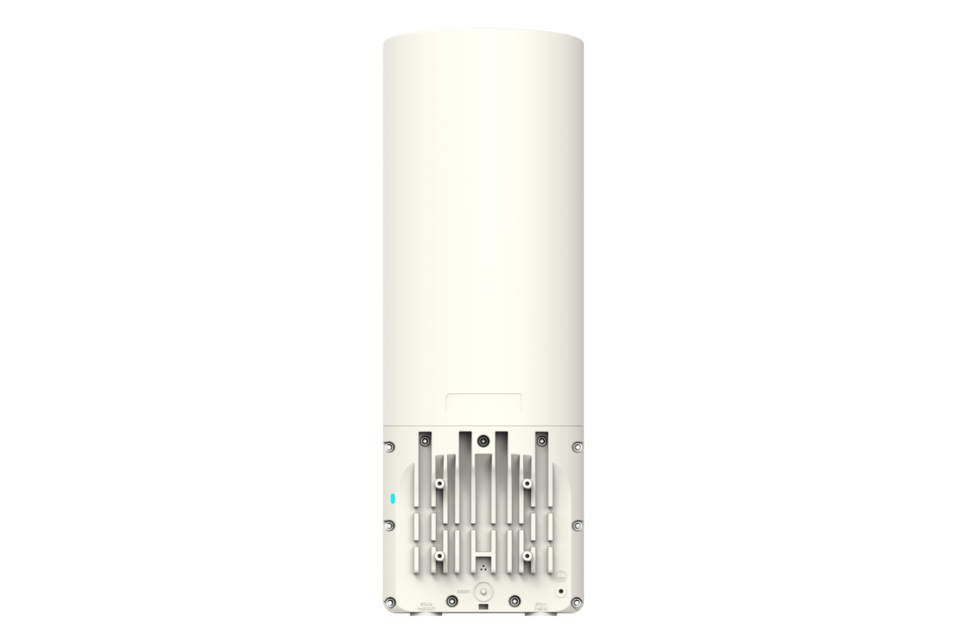 Rückseite eines weißen, zylindrischen WLAN-Outdoor-Routers mit Metallanschlüssen und Schrauben.