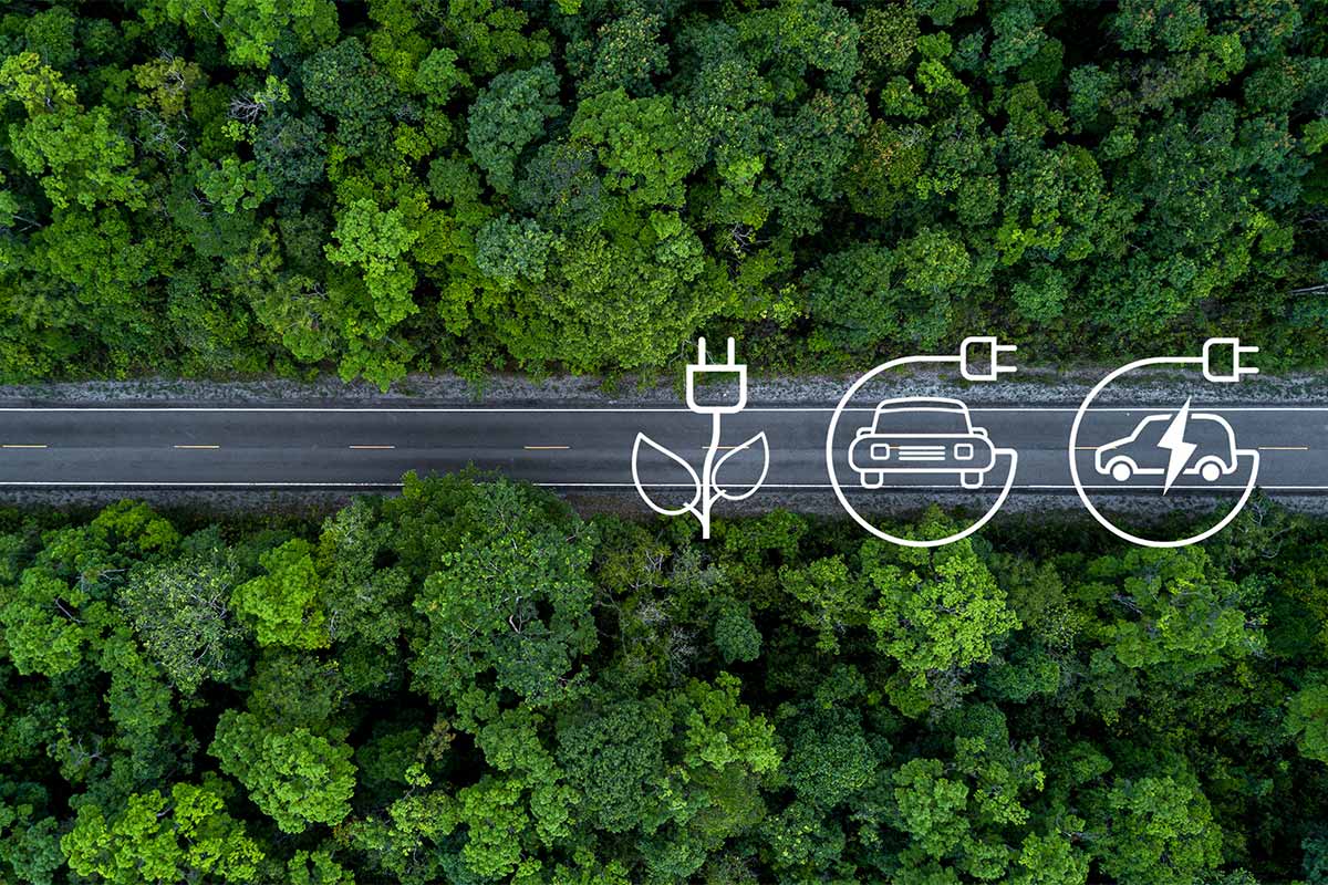 horizontal verlaufende Straße durch einen Wald mit Ökostromsymbolen