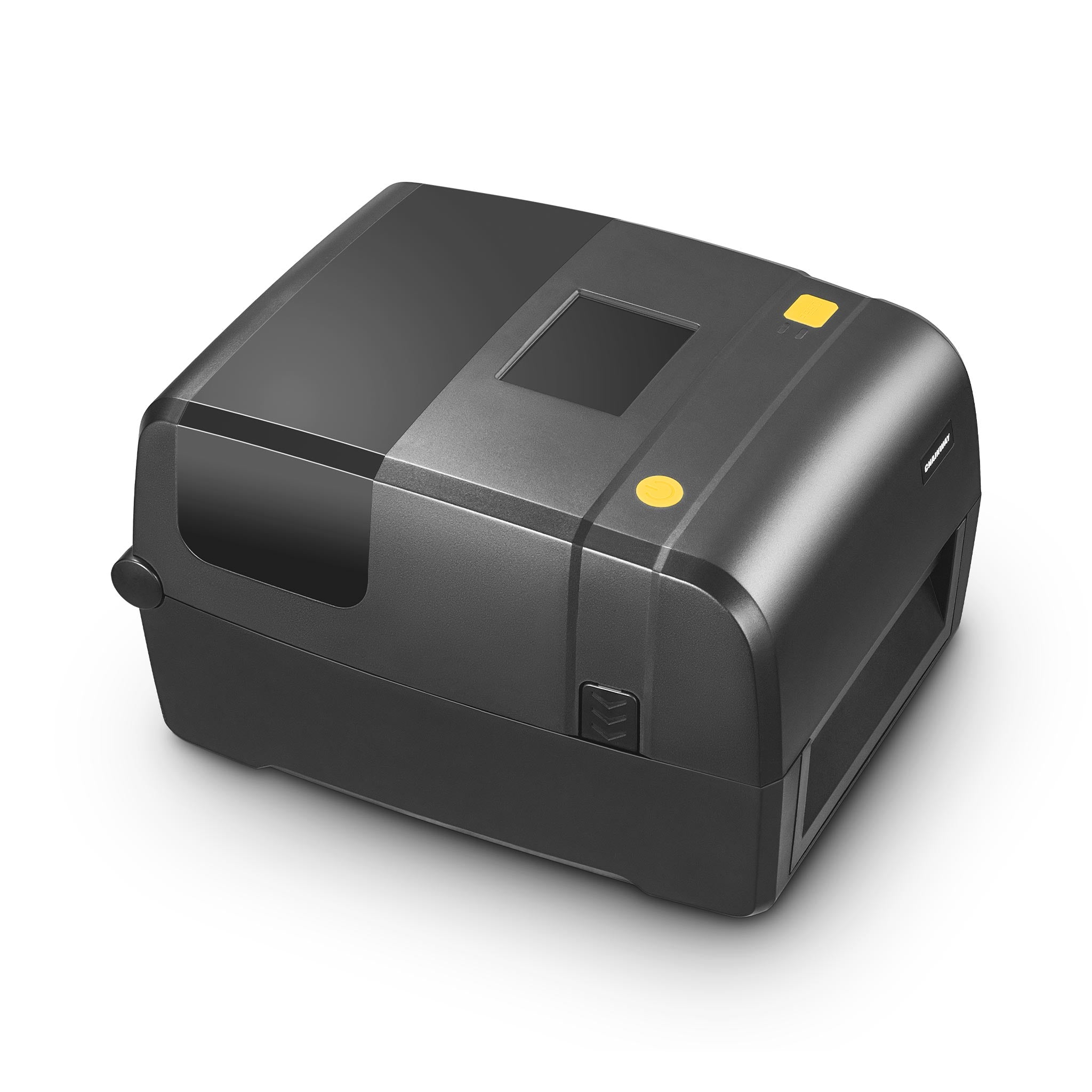 Schwarzer Etikettendrucker mit gelben Tasten auf weißem Hintergrund